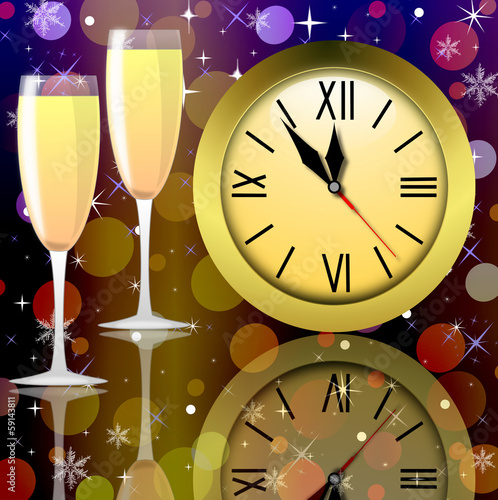 round clock and two glasses with champagne