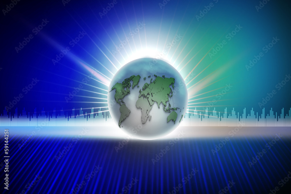 Bright blue background with globe and ray