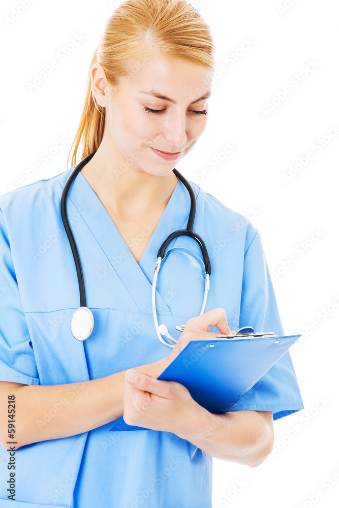 Nurse Writing On Clipboard Over White Background Nurse Writing On Clipboard Over White Background