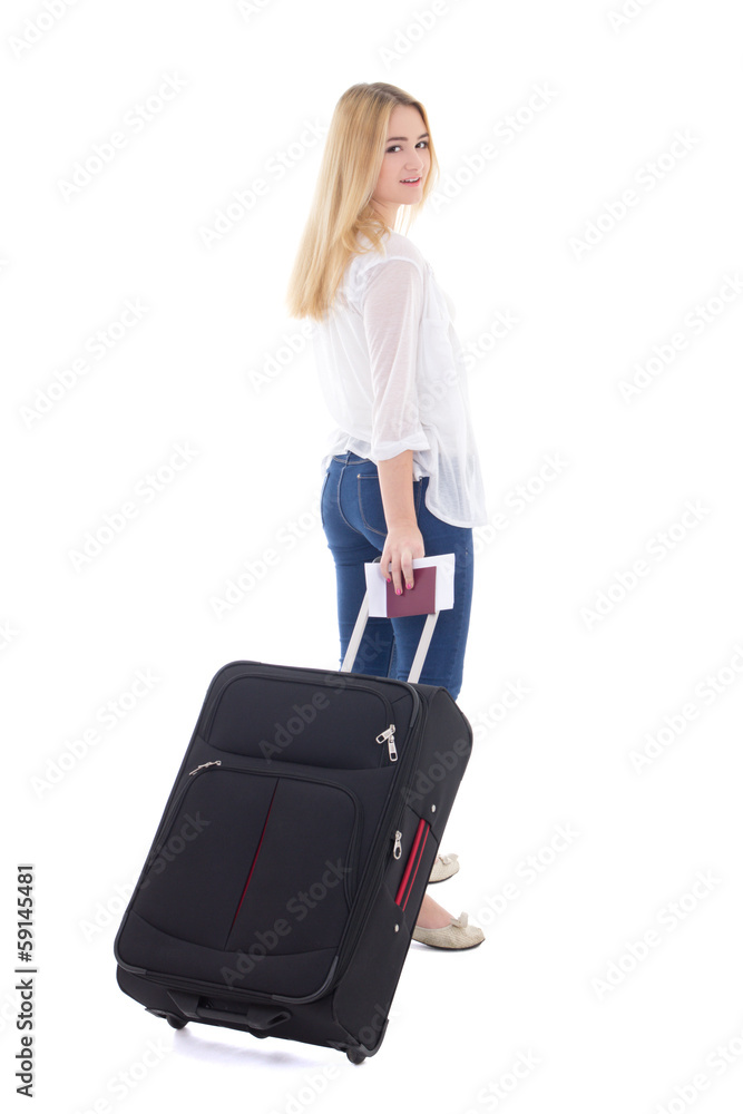 young attractive woman with suitcase, passport and ticket isolat young attractive woman with suitcase, passport and ticket isolat