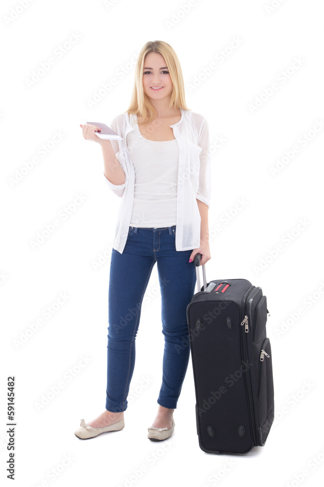 young attractive blondie woman with suitcase, passport and ticke young attractive blondie woman with suitcase, passport and ticke