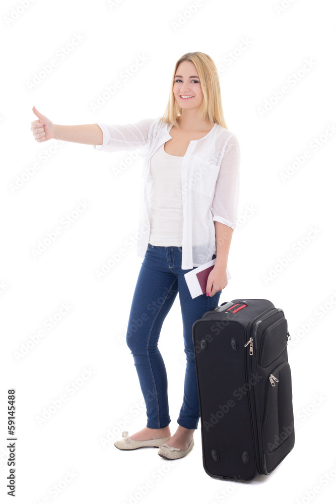 young attractive blondie woman with suitcase, passport and ticke young attractive blondie woman with suitcase, passport and ticke