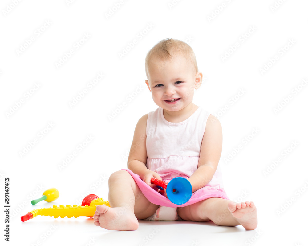 baby playing with musical toys isolated on white background baby playing with musical toys isolated on white background