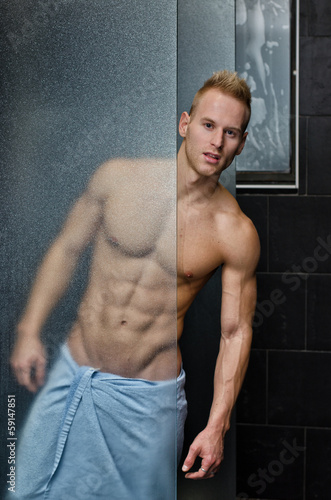 Wallpaper Mural Handsome young man shirtless behind shower glass Torontodigital.ca