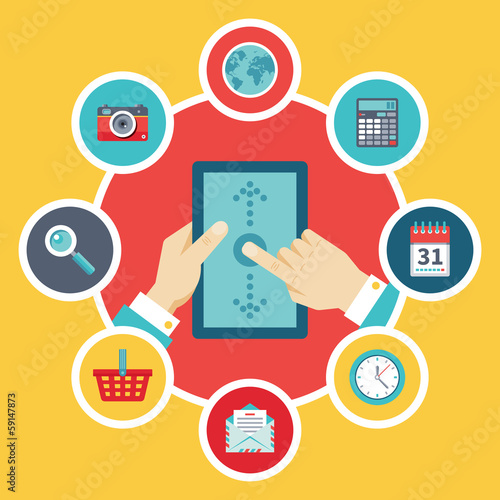 Tablet PC with Hands & Vector Icons - Flat Design Style