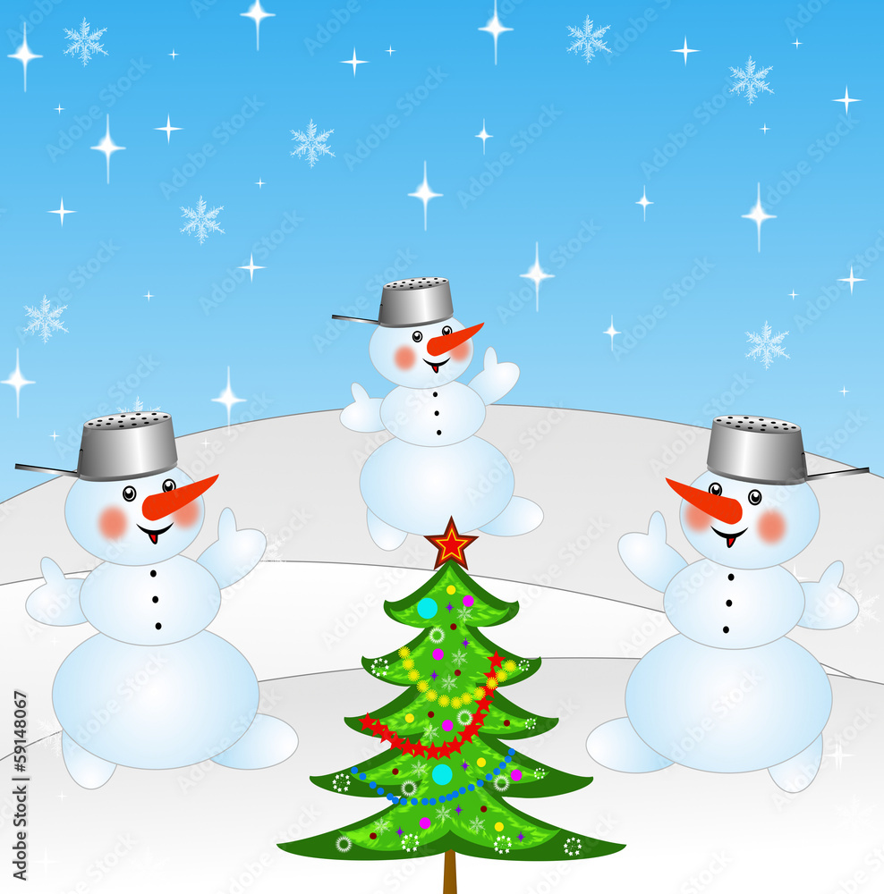 new-year tree and and three snow men