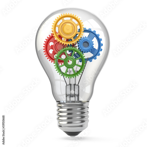 Light bulb and gears. Perpetuum mobile idea concept.