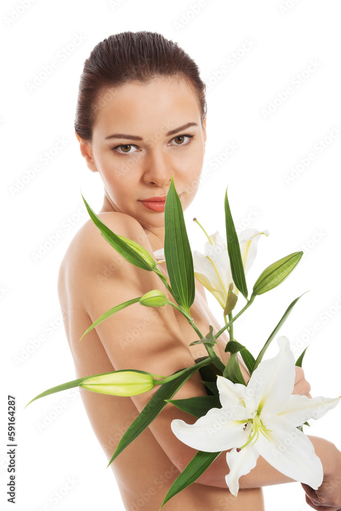 Beautiful topless woman with white lily. Beautiful topless woman with white lily.