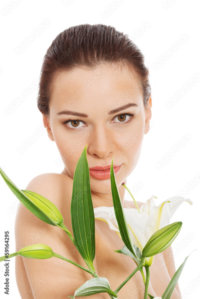 Beautiful topless woman with white lily. Beautiful topless woman with white lily.