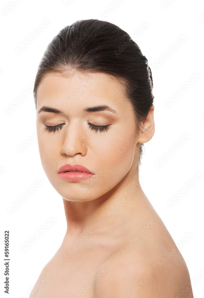 Portrait of a beautiful topless woman with closed eyes. Portrait of a beautiful topless woman with closed eyes.
