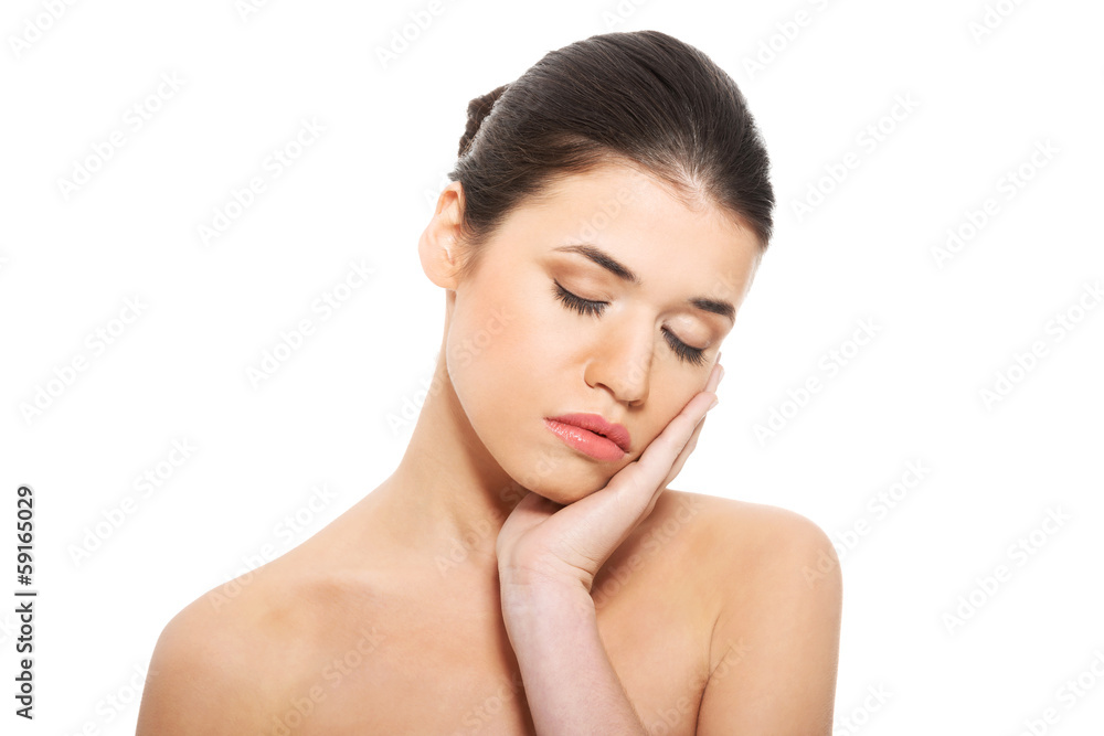 Portrait of a beautiful topless woman with closed eyes. Portrait of a beautiful topless woman with closed eyes.