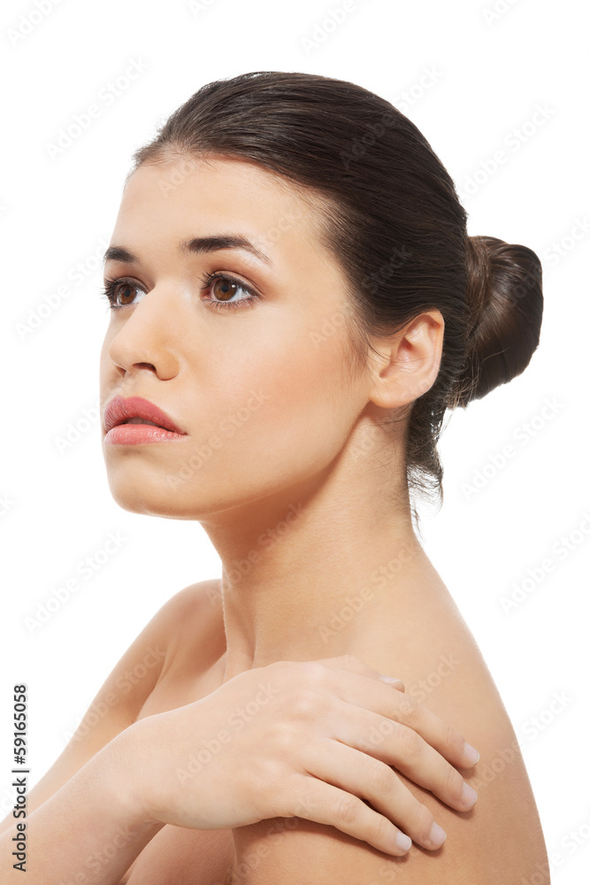 Portrait of beautiful woman looking up, profile. Portrait of beautiful woman looking up, profile.