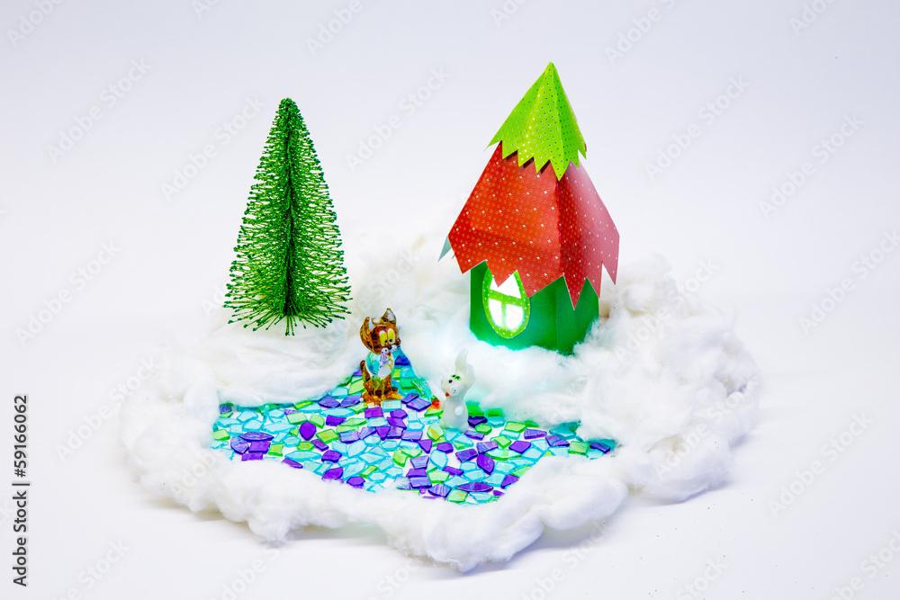 cat, rabbit, house with red roof and window glowing, green tree cat, rabbit, house with red roof and window glowing, green tree