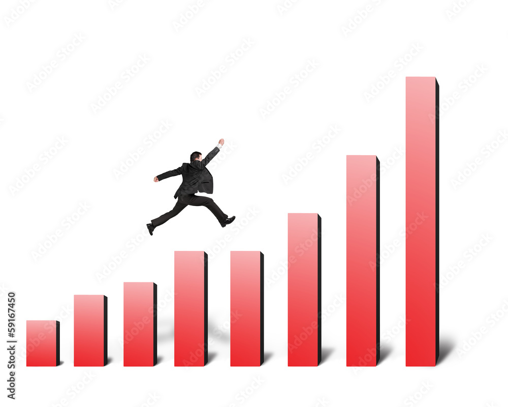 Businessman running and jumping on bar chart in white background Businessman running and jumping on bar chart in white background