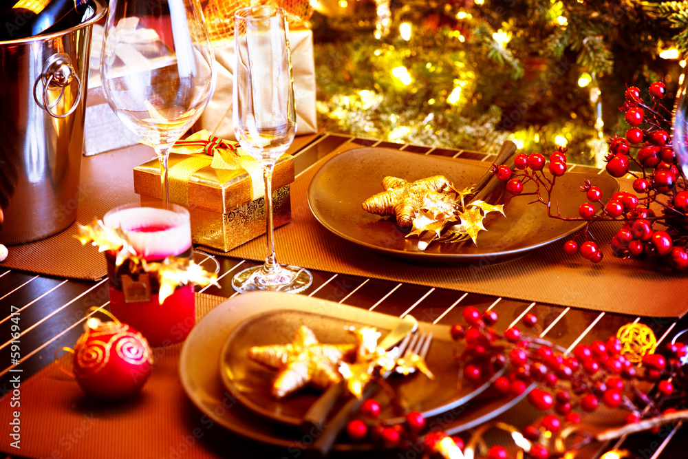 Christmas And New Year Holiday Table Setting with Champagne