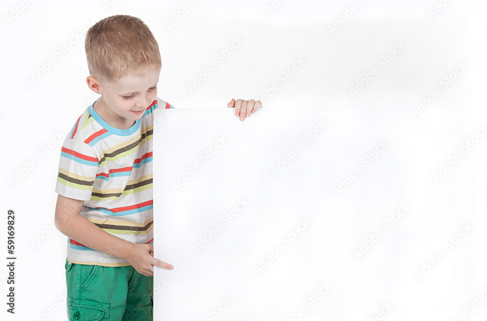 Smart boy with sheet of paper isolated on white Smart boy with sheet of paper isolated on white