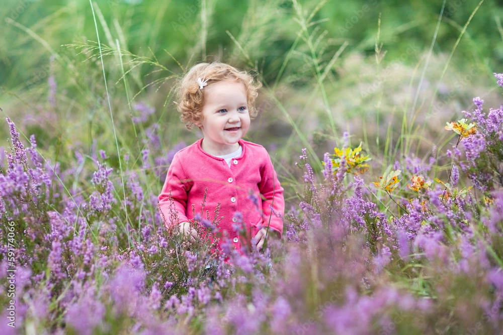 Little baby girl walking in purple autumn flowers in a field
