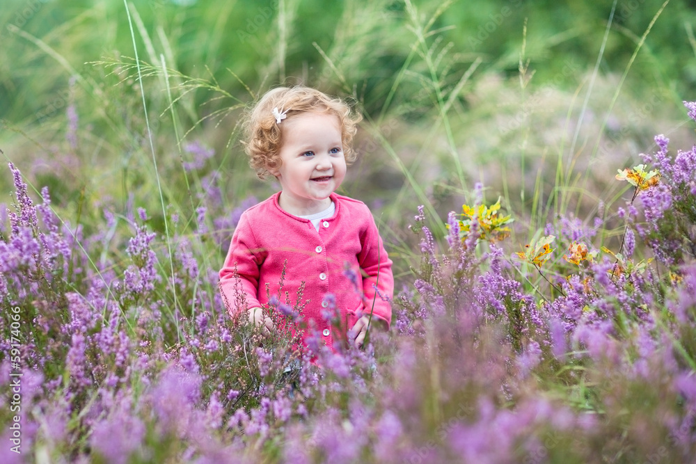 Little baby girl walking in purple autumn flowers in a field Little baby girl walking in purple autumn flowers in a field