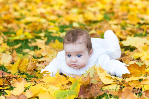 Funny cute baby girl playing in an autumn park on yellow leaves