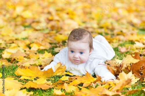 Adorable little baby playing in a park with yellow autumn leaves