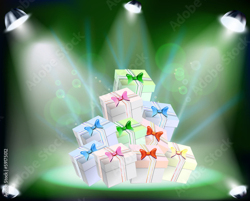 Christmas Concert with spotlights and sowflakes on green