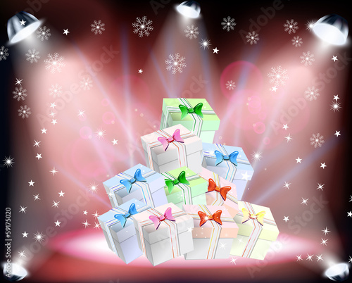 Christmas Concert with spotlights and sowflakes on red