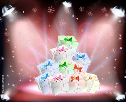 Christmas Concert with spotlights and sowflakes on red