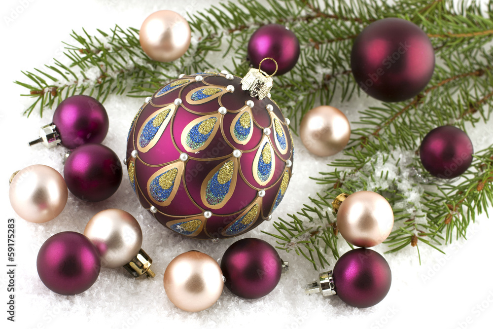 Christmas balls on fir tree, isolated on white Christmas balls on fir tree, isolated on white