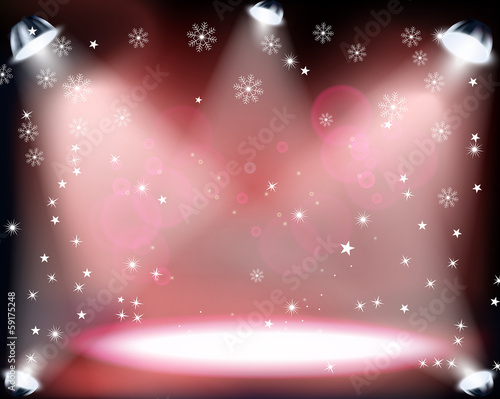 Christmas Concert with spotlights and sowflakes on red