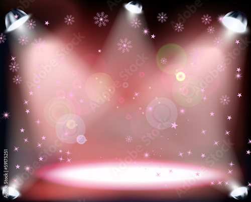 Christmas Concert with spotlights and sowflakes on red