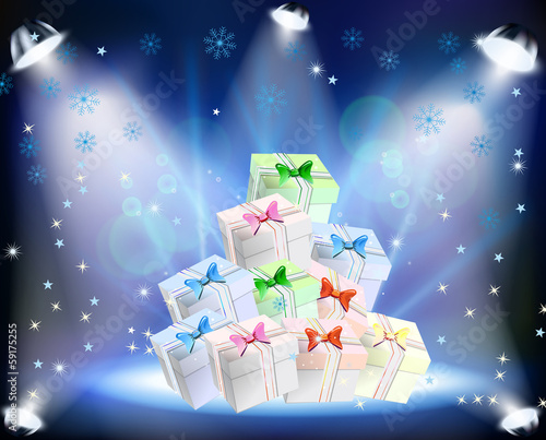 Christmas Concert with gifts, spotlights and sowflakes on blue