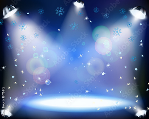 Christmas Concert with spotlights and sowflakes on blue