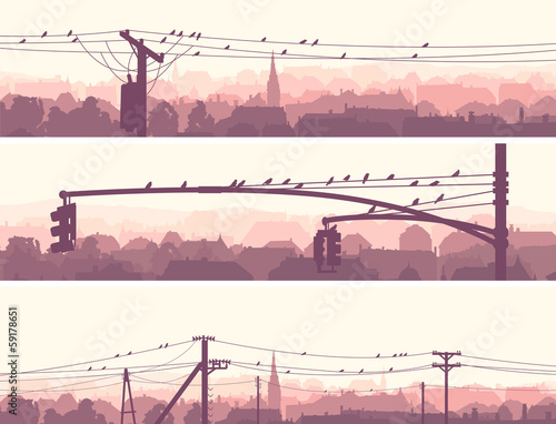 Horizontal banners of flock birds on city power lines.