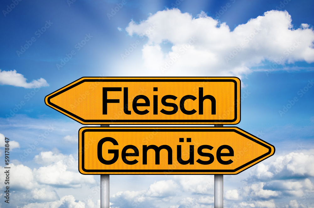 Fototapeta premium Wegweiser mit Fleisch und Gemüse