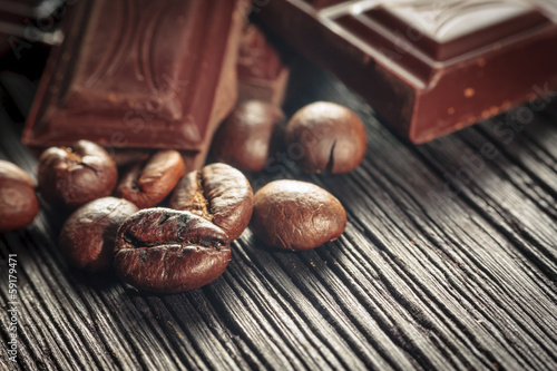 close up of chocolate and coffee beans, shallow dof