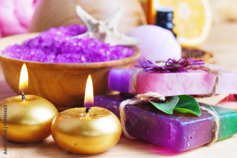 Spa setting with natural soap and sea salt Spa setting with natural soap and sea salt
