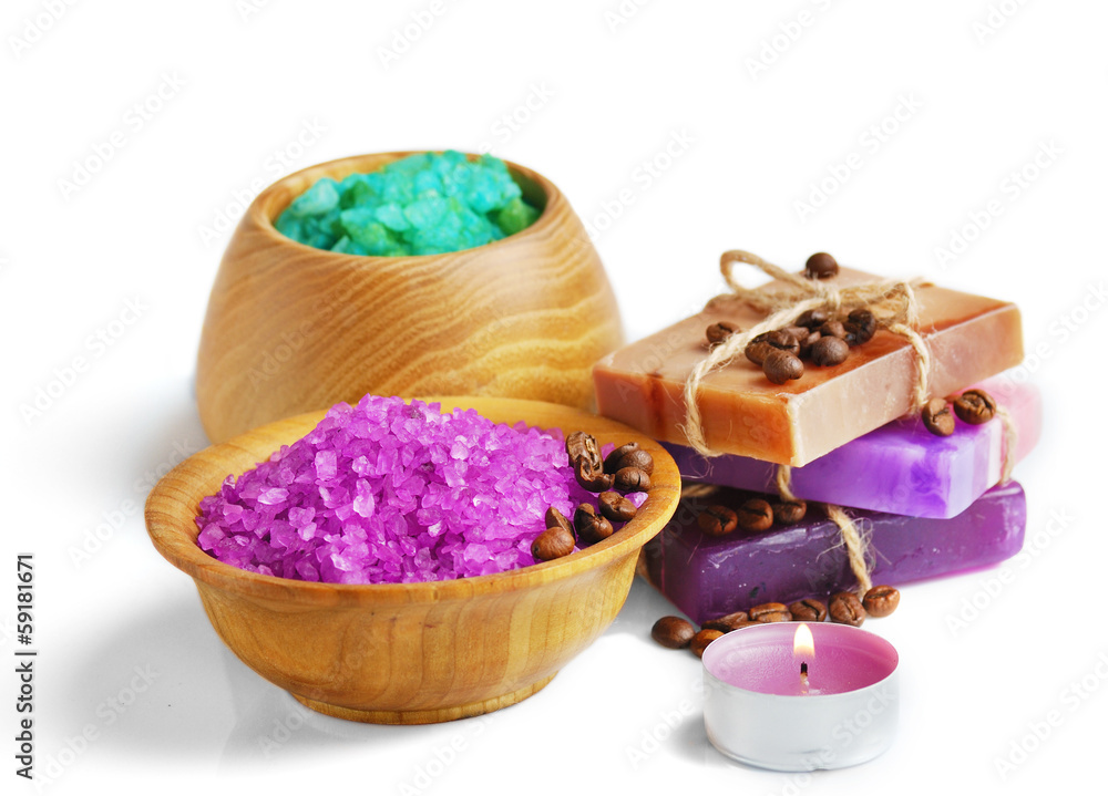 Spa setting with natural soap and sea salt Spa setting with natural soap and sea salt