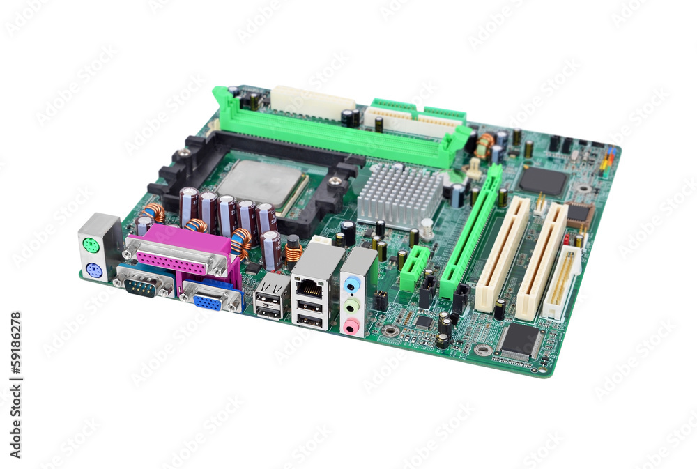 Printed computer motherboard, isolated on white background Printed computer motherboard, isolated on white background
