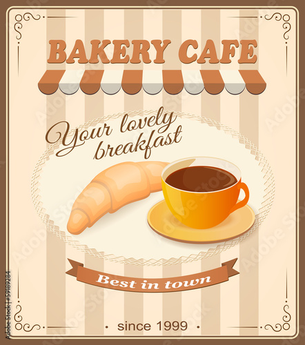 banner for bakery cafe with cup of coffee and croissant