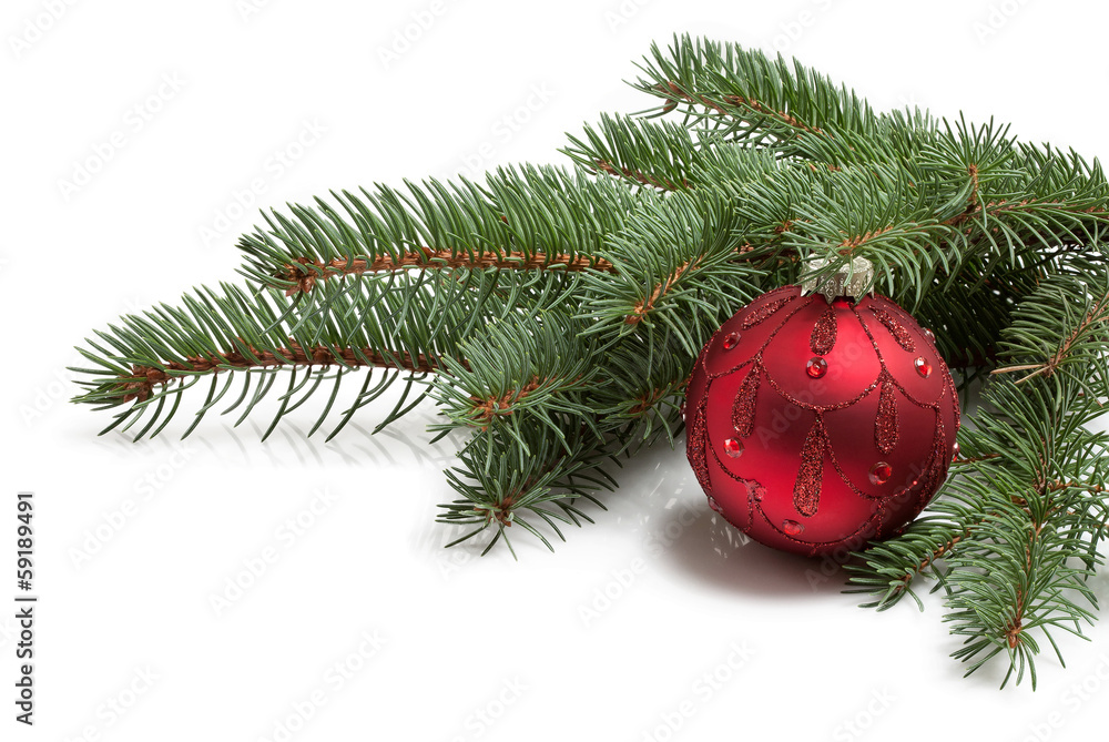 covered with branch of a Christmas tree and brilliant red ball i covered with branch of a Christmas tree and brilliant red ball i