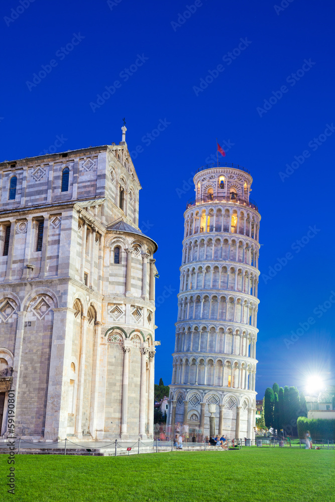 Pisa, Piazza del Duomo, with the Basilica leaning tower at dawn