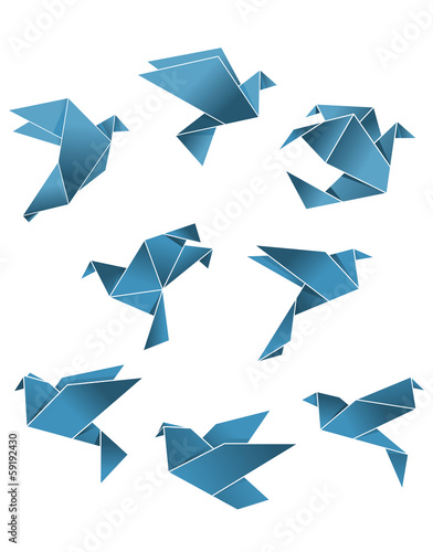 Blue paper pigeons and doves in origami style