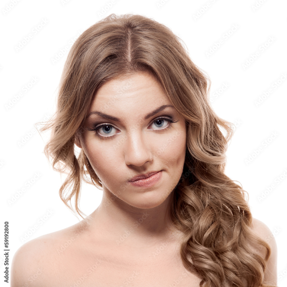 Fototapeta premium Lovely confused woman against white background