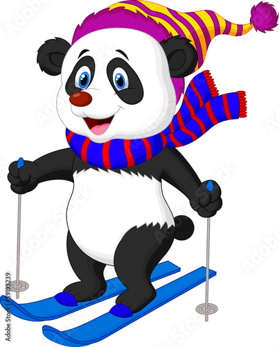 Fototapeta Naklejka Na Ścianę i Meble -  Panda cartoon skiing