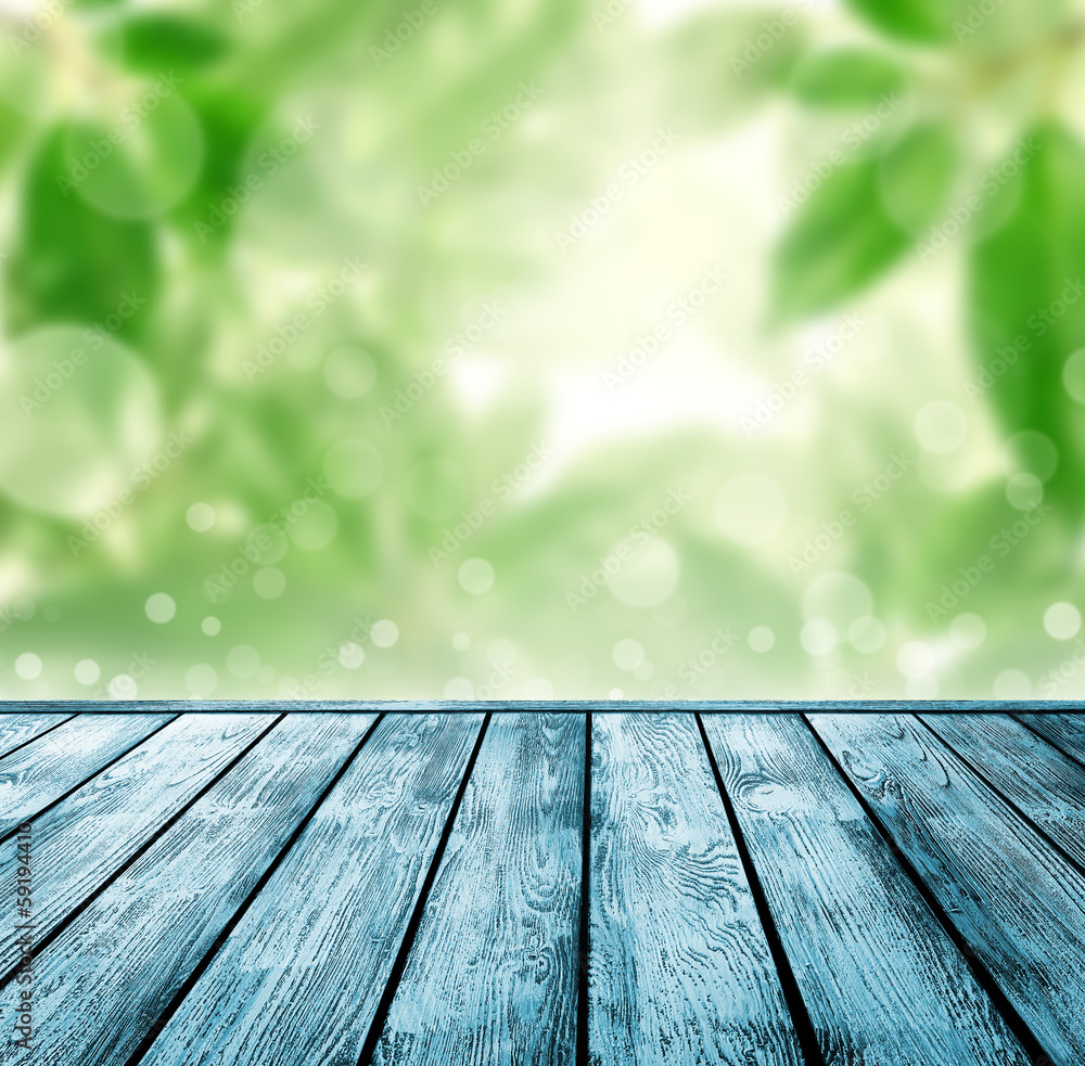 wood floor with green bokeh . wood floor with green bokeh .