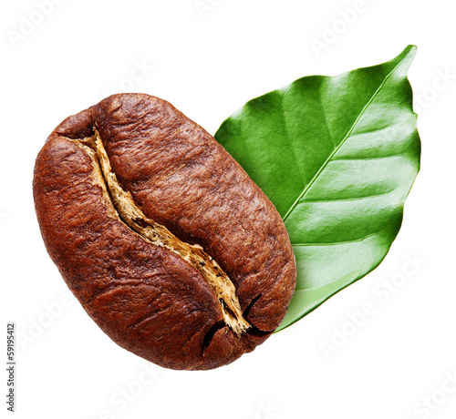 Black coffee bean with green leaf isolated on white background.