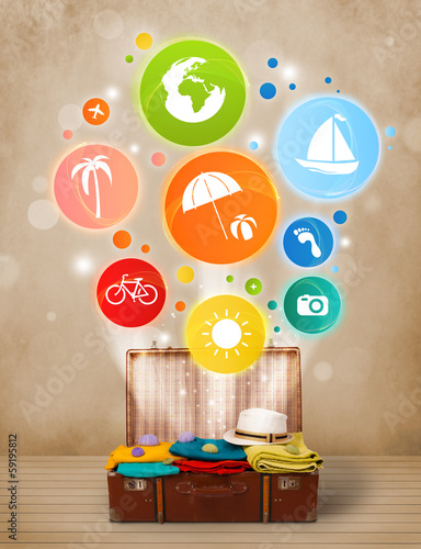 Suitcase with colorful summer icons and symbols
