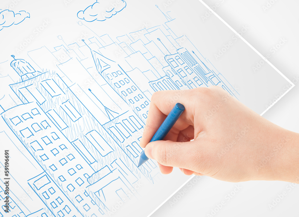 A person drawing sketch of a city with balloons and clouds on a A person drawing sketch of a city with balloons and clouds on a