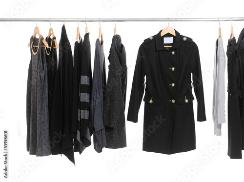 Female Variety of black clothes with coat hanging