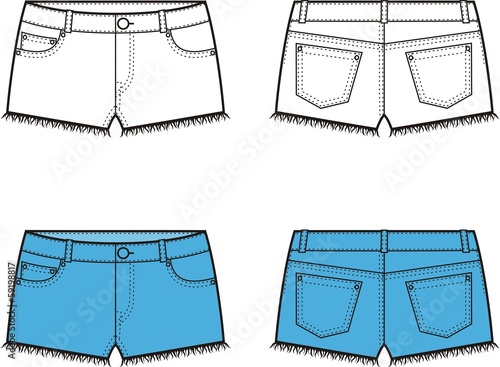 Vector illustration of jeans shorts. Front and back views